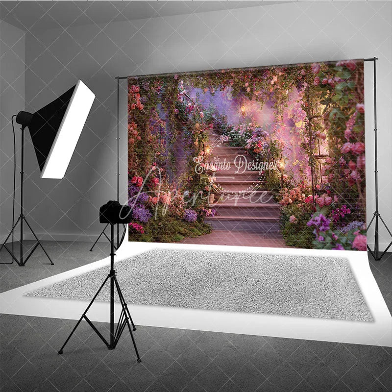 Aperturee - Aperturee Enchanted Garden Staircase Photography Backdrop Magical Floral Archway with Pink and Purple Flowers