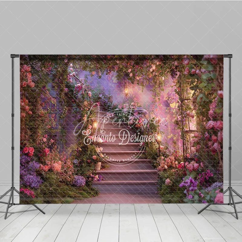 Aperturee - Aperturee Enchanted Garden Staircase Photography Backdrop Magical Floral Archway with Pink and Purple Flowers