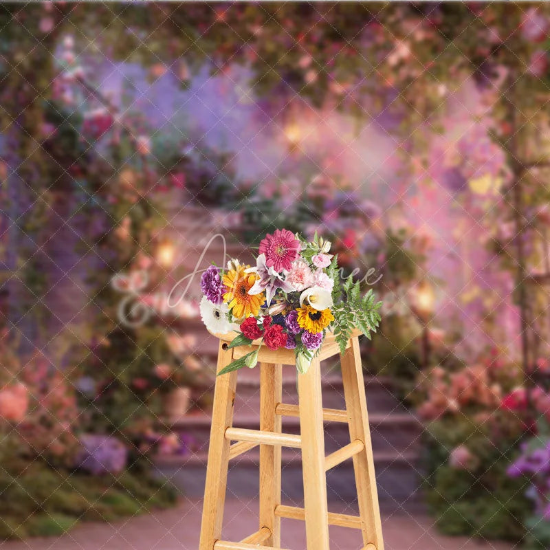 Aperturee - Aperturee Enchanted Garden Staircase Photography Backdrop Magical Floral Archway with Pink and Purple Flowers