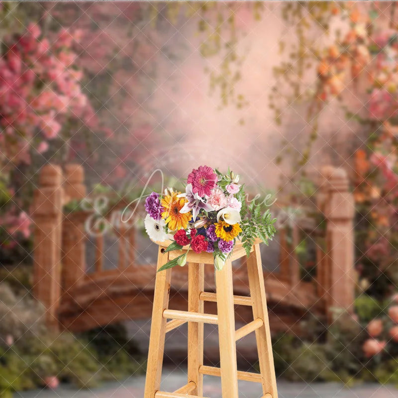 Aperturee - Aperturee Enchanted Garden Wooden Bridge with Pink Flowers Photography Backdrop Spring Fairy Tale Photo Studio Prop