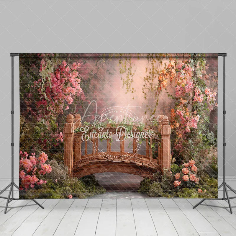 Aperturee - Aperturee Enchanted Garden Wooden Bridge with Pink Flowers Photography Backdrop Spring Fairy Tale Photo Studio Prop