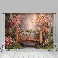 Aperturee - Aperturee Enchanted Garden Wooden Bridge with Pink Flowers Photography Backdrop Spring Fairy Tale Photo Studio Prop