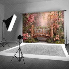 Aperturee - Aperturee Enchanted Garden Wooden Bridge with Pink Flowers Photography Backdrop Spring Fairy Tale Photo Studio Prop