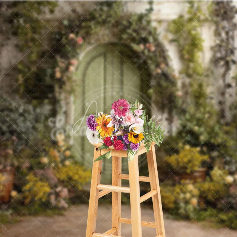Aperturee - Aperturee Enchanted Green Arched Door Photography Backdrop Lush Floral Vines and Weathered Stone Wall Garden Theme