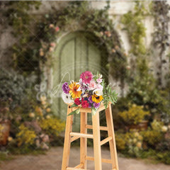 Aperturee - Aperturee Enchanted Green Arched Door Photography Backdrop Lush Floral Vines and Weathered Stone Wall Garden Theme