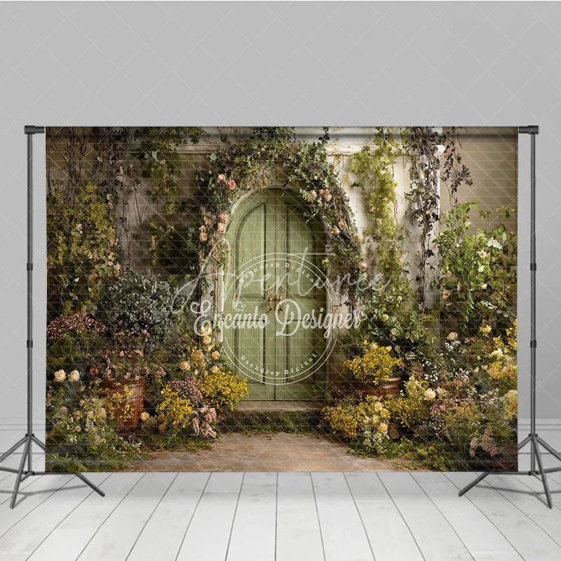Aperturee - Aperturee Enchanted Green Arched Door Photography Backdrop Lush Floral Vines and Weathered Stone Wall Garden Theme