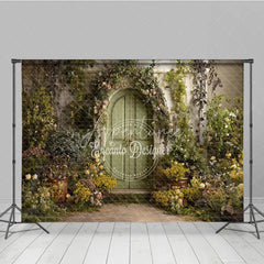 Aperturee - Aperturee Enchanted Green Arched Door Photography Backdrop Lush Floral Vines and Weathered Stone Wall Garden Theme
