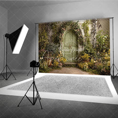 Aperturee - Aperturee Enchanted Green Arched Door Photography Backdrop Lush Floral Vines and Weathered Stone Wall Garden Theme
