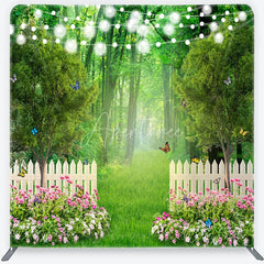 Aperturee - Aperturee Enchanted Green Forest Garden Square Double-Sided Backdrop with White Picket Fence Pink Flowers and String Lights