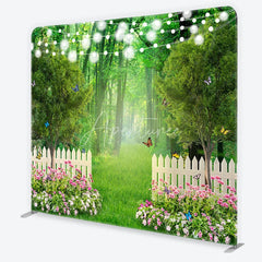 Aperturee - Aperturee Enchanted Green Forest Garden Square Double-Sided Backdrop with White Picket Fence Pink Flowers and String Lights