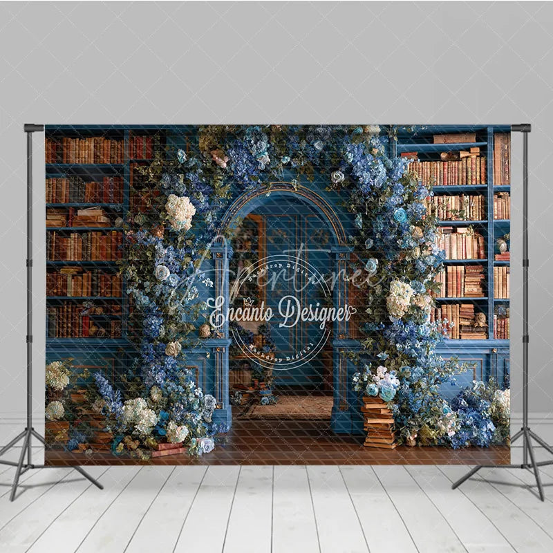 Aperturee - Aperturee Enchanted Library Photography Backdrop Blue Bookshelves with Floral Arch Fairytale Fine Art Photo Background