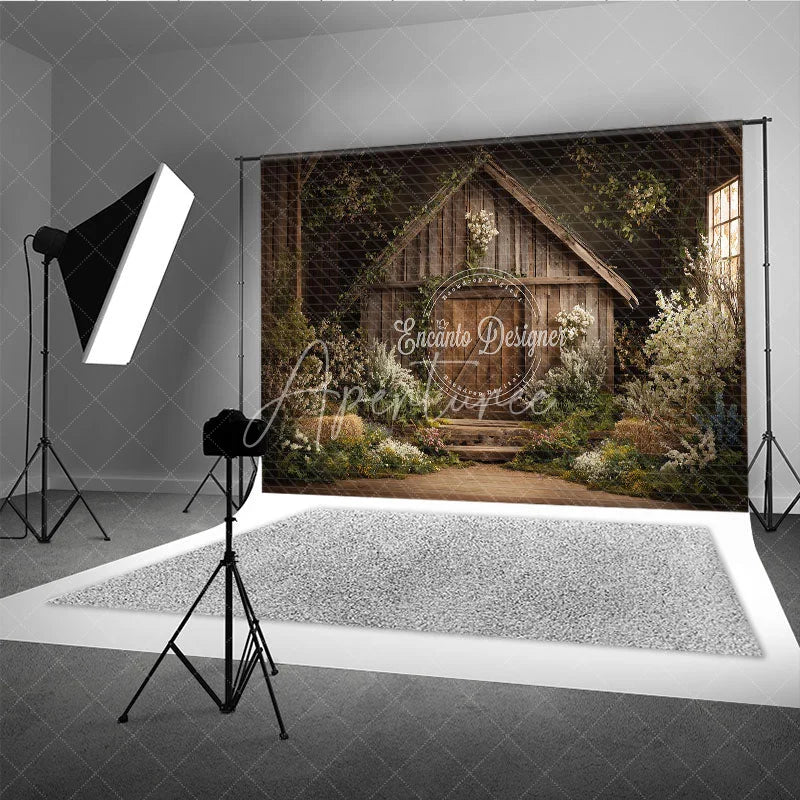 Aperturee - Aperturee Enchanted Rustic Wooden Barn Photography Backdrop with Spring Flowers and Greenery Farmhouse Style Portrait Background
