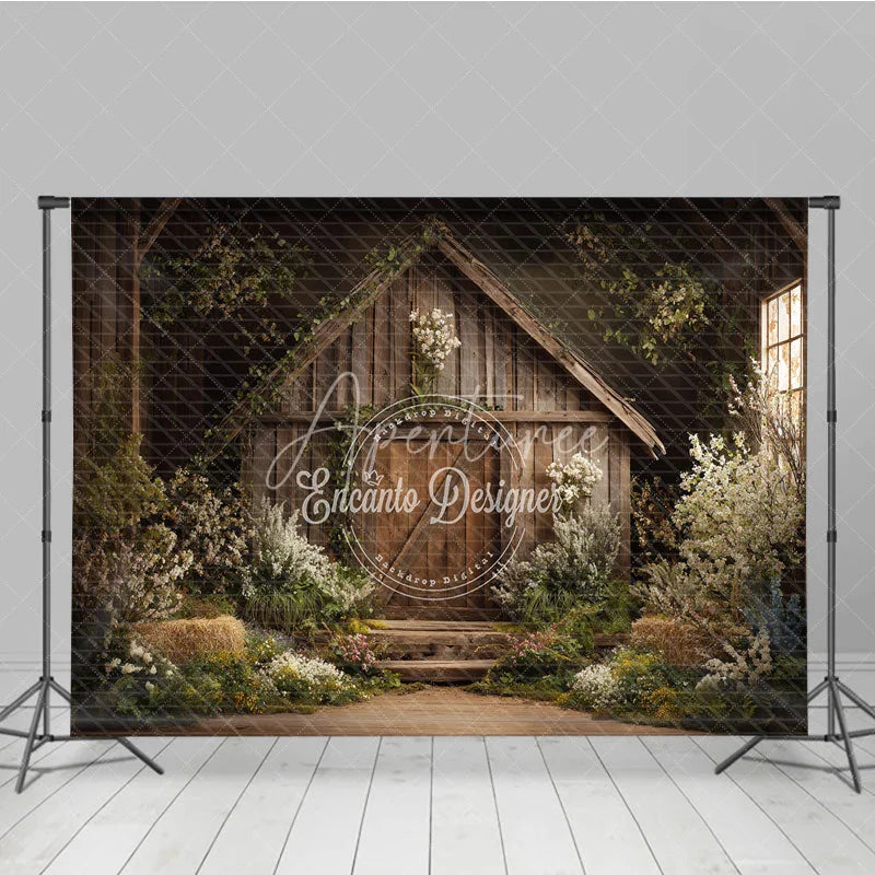 Aperturee - Aperturee Enchanted Rustic Wooden Barn Photography Backdrop with Spring Flowers and Greenery Farmhouse Style Portrait Background