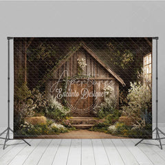 Aperturee - Aperturee Enchanted Rustic Wooden Barn Photography Backdrop with Spring Flowers and Greenery Farmhouse Style Portrait Background