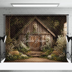 Aperturee - Aperturee Enchanted Rustic Wooden Barn Photography Backdrop with Spring Flowers and Greenery Farmhouse Style Portrait Background