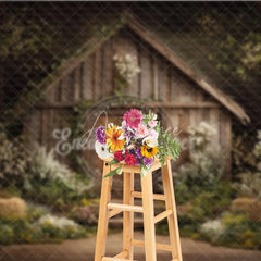Aperturee - Aperturee Enchanted Rustic Wooden Barn Photography Backdrop with Spring Flowers and Greenery Farmhouse Style Portrait Background