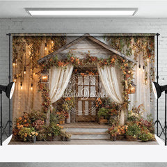 Aperturee - Aperturee Enchanted Rustic Wooden Cabin Photography Backdrop with Autumn Flowers Vines and Warm Fairy Lights