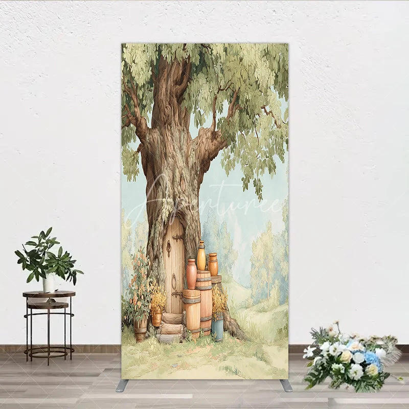 Aperturee - Aperturee Enchanted Tree House Door Fairy Forest Rectangle Arch Backdrop with Wooden Barrels Storybook Birthday Party Decor
