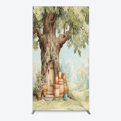Aperturee - Aperturee Enchanted Tree House Door Fairy Forest Rectangle Arch Backdrop with Wooden Barrels Storybook Birthday Party Decor