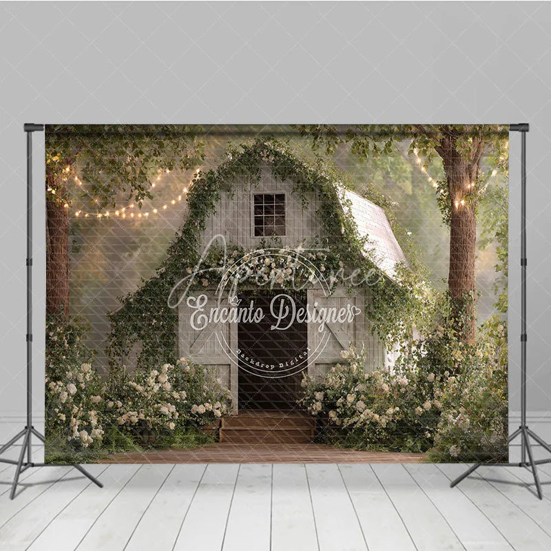 Aperturee - Aperturee Enchanted White Wooden Barn Photography Backdrop with Green Vines White Flowers and Twinkling String Lights