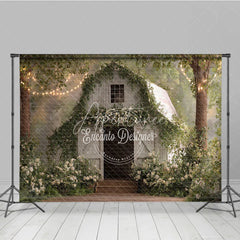 Aperturee - Aperturee Enchanted White Wooden Barn Photography Backdrop with Green Vines White Flowers and Twinkling String Lights