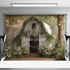 Aperturee - Aperturee Enchanted White Wooden Barn Photography Backdrop with Green Vines White Flowers and Twinkling String Lights