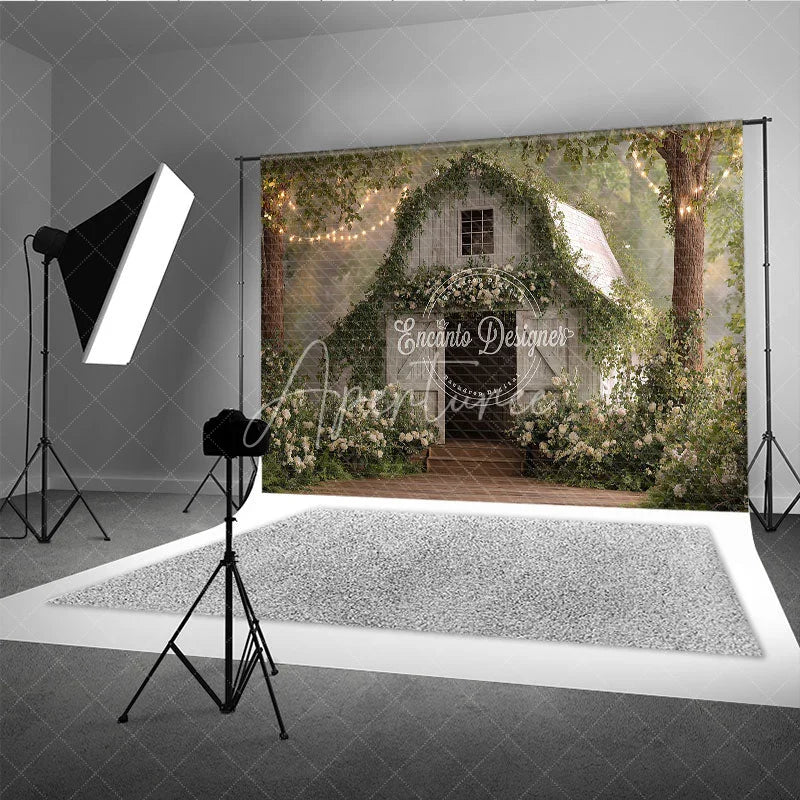 Aperturee - Aperturee Enchanted White Wooden Barn Photography Backdrop with Green Vines White Flowers and Twinkling String Lights