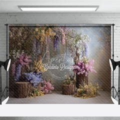 Aperturee - Aperturee Enchanted Wisteria Photography Backdrop Rustic Wood Stumps with Spring Flowers Fine Art Painterly Background