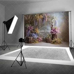Aperturee - Aperturee Enchanted Wisteria Photography Backdrop Rustic Wood Stumps with Spring Flowers Fine Art Painterly Background
