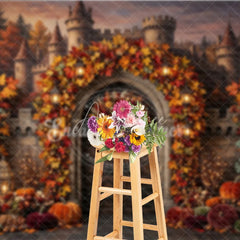Aperturee - Aperturee Enchanting Autumn Castle Archway Photography Backdrop with Fall Leaves Pumpkins and Lanterns Decor