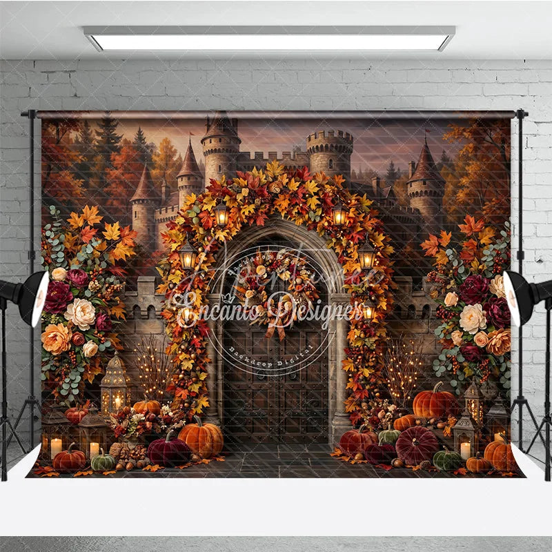 Aperturee - Aperturee Enchanting Autumn Castle Archway Photography Backdrop with Fall Leaves Pumpkins and Lanterns Decor