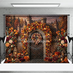 Aperturee - Aperturee Enchanting Autumn Castle Archway Photography Backdrop with Fall Leaves Pumpkins and Lanterns Decor