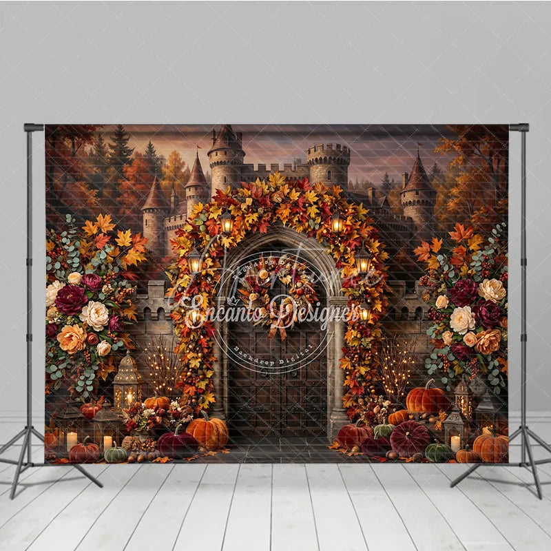 Aperturee - Aperturee Enchanting Autumn Castle Archway Photography Backdrop with Fall Leaves Pumpkins and Lanterns Decor
