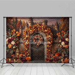 Aperturee - Aperturee Enchanting Autumn Castle Archway Photography Backdrop with Fall Leaves Pumpkins and Lanterns Decor