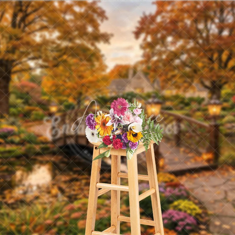 Aperturee - Aperturee Enchanting Autumn Garden Photography Backdrop Wooden Bridge over Pond Fall Foliage and Lanterns