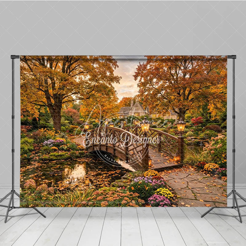 Aperturee - Aperturee Enchanting Autumn Garden Photography Backdrop Wooden Bridge over Pond Fall Foliage and Lanterns