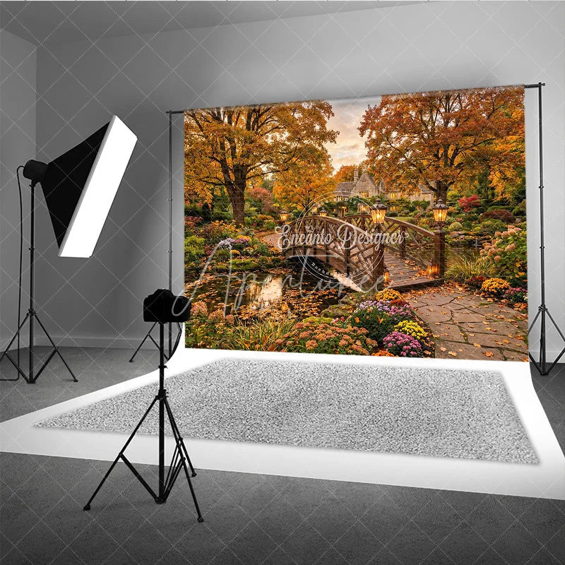 Aperturee - Aperturee Enchanting Autumn Garden Photography Backdrop Wooden Bridge over Pond Fall Foliage and Lanterns