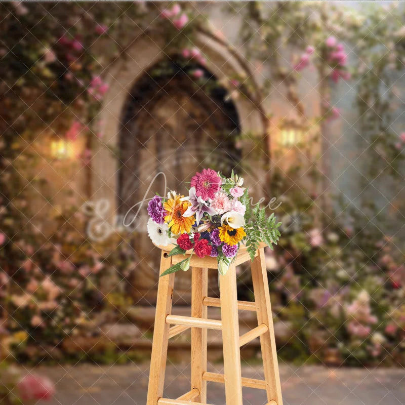 Aperturee - Aperturee Enchanting Fairytale Wooden Door Photography Backdrop with Climbing Roses and Lanterns Romantic Garden Scene