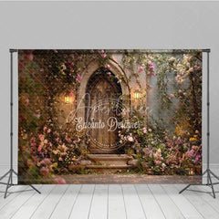Aperturee - Aperturee Enchanting Fairytale Wooden Door Photography Backdrop with Climbing Roses and Lanterns Romantic Garden Scene