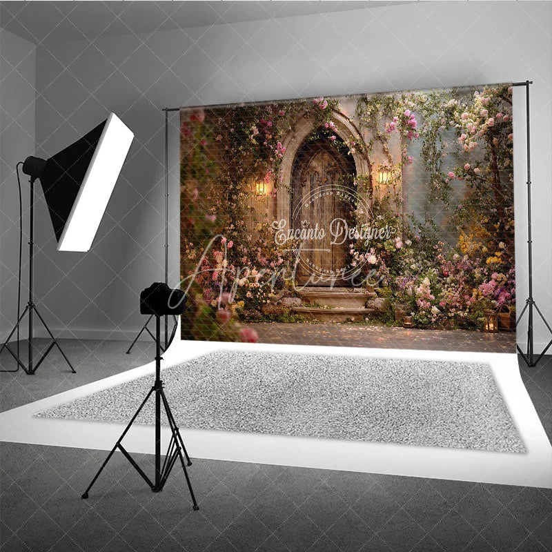 Aperturee - Aperturee Enchanting Fairytale Wooden Door Photography Backdrop with Climbing Roses and Lanterns Romantic Garden Scene
