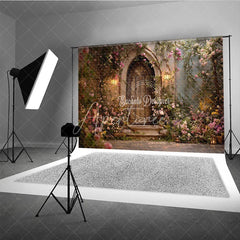 Aperturee - Aperturee Enchanting Fairytale Wooden Door Photography Backdrop with Climbing Roses and Lanterns Romantic Garden Scene