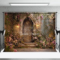 Aperturee - Aperturee Enchanting Fairytale Wooden Door Photography Backdrop with Climbing Roses and Lanterns Romantic Garden Scene