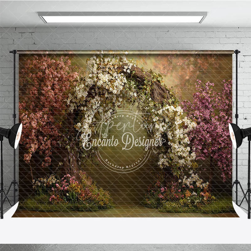 Aperturee - Aperturee Enchanting Floral Archway Photography Backdrop Pink and White Flowers Garden Theme for Spring Wedding