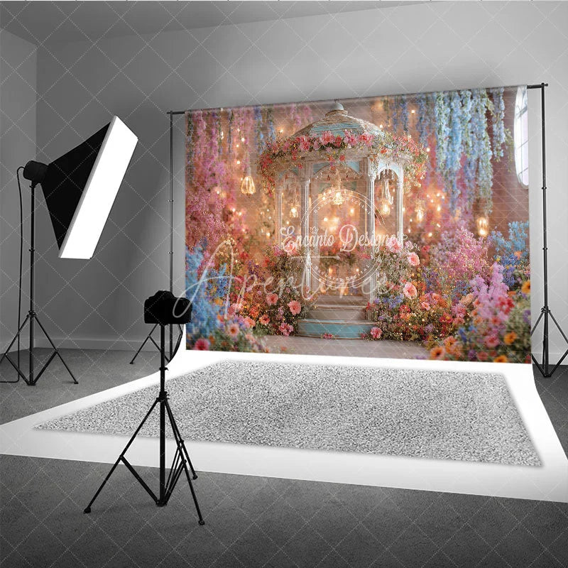 Aperturee - Aperturee Enchanting Floral Gazebo Photography Backdrop Whimsical Garden with Hanging Lights and Pastel Flowers