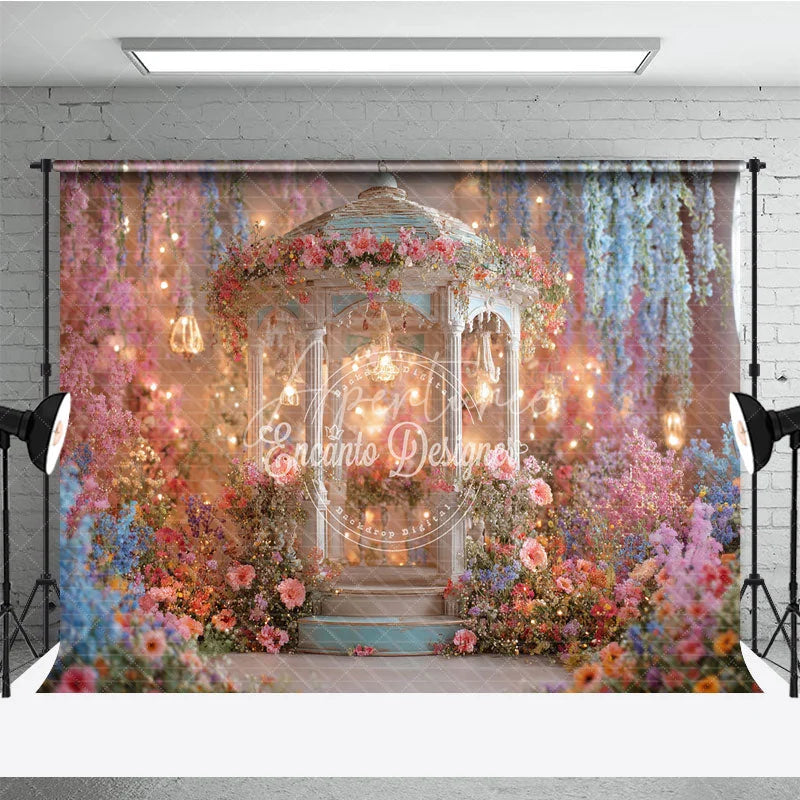 Aperturee - Aperturee Enchanting Floral Gazebo Photography Backdrop Whimsical Garden with Hanging Lights and Pastel Flowers