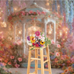 Aperturee - Aperturee Enchanting Floral Gazebo Photography Backdrop Whimsical Garden with Hanging Lights and Pastel Flowers