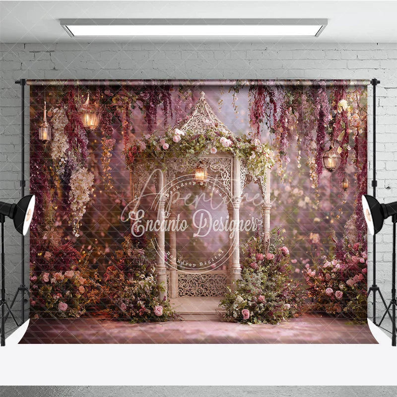 Aperturee - Aperturee Enchanting Floral Gazebo Photography Backdrop with Hanging Lanterns Romantic Garden Theme for Weddings