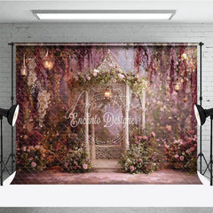 Aperturee - Aperturee Enchanting Floral Gazebo Photography Backdrop with Hanging Lanterns Romantic Garden Theme for Weddings