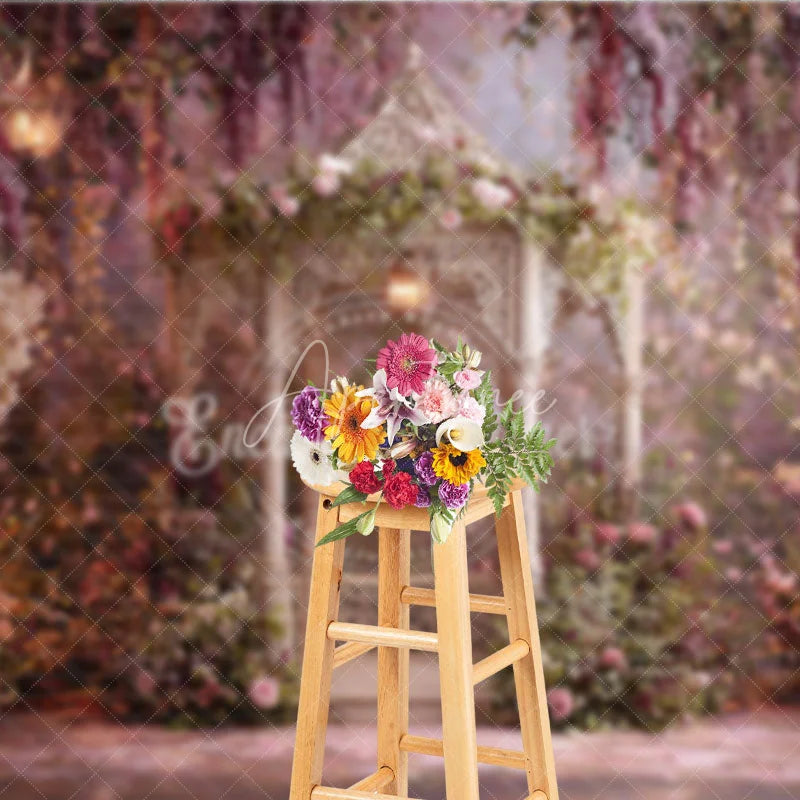 Aperturee - Aperturee Enchanting Floral Gazebo Photography Backdrop with Hanging Lanterns Romantic Garden Theme for Weddings