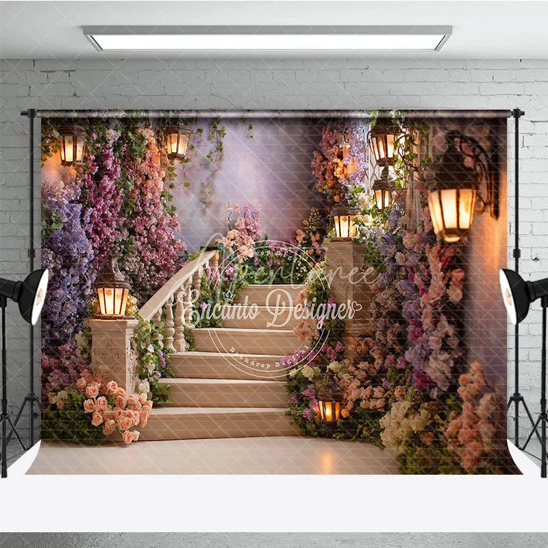 Aperturee - Aperturee Enchanting Floral Staircase Photography Backdrop with Romantic Lanterns Fairytale Garden Theme